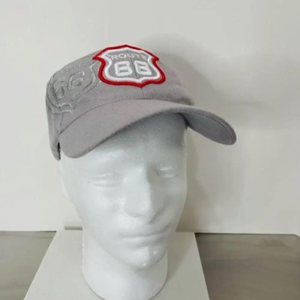 Route 66 Gray Grey Red Embroidered Hat Baseball Cap Adjustable Canvas